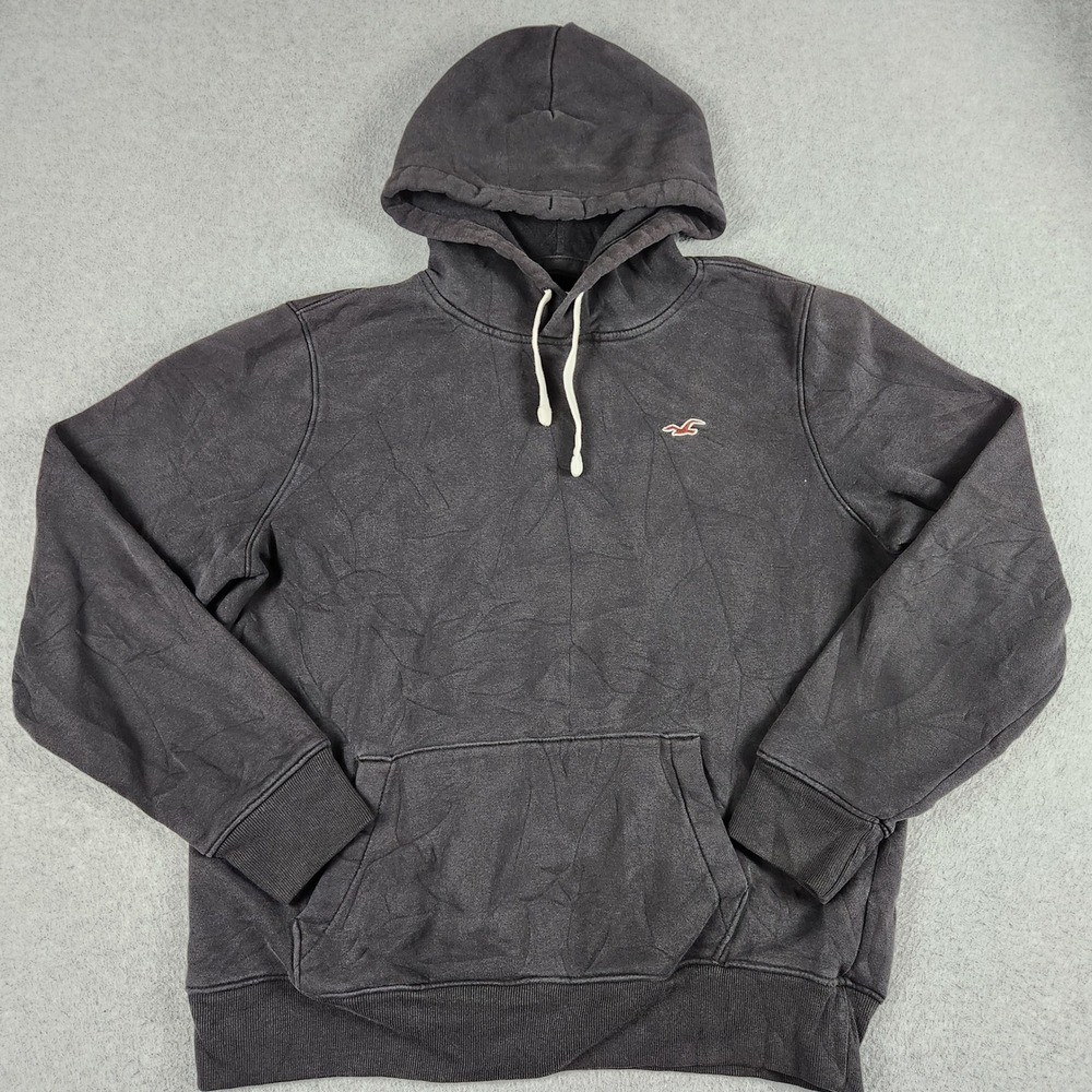 Hollister Hoodie Mens Large Black Fleece Lined Kangaroo Pocket Regular Fit Logo